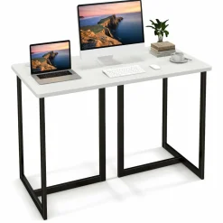 Tangkula 48 Inch Modern White Computer Desk, Writing Study Desk with Metal Frame & 2 Cable Management Holes, Black & White