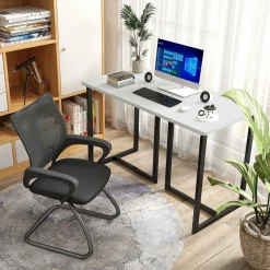 Tangkula 48 Inch Modern White Computer Desk, Writing Study Desk with Metal Frame & 2 Cable Management Holes, Black & White