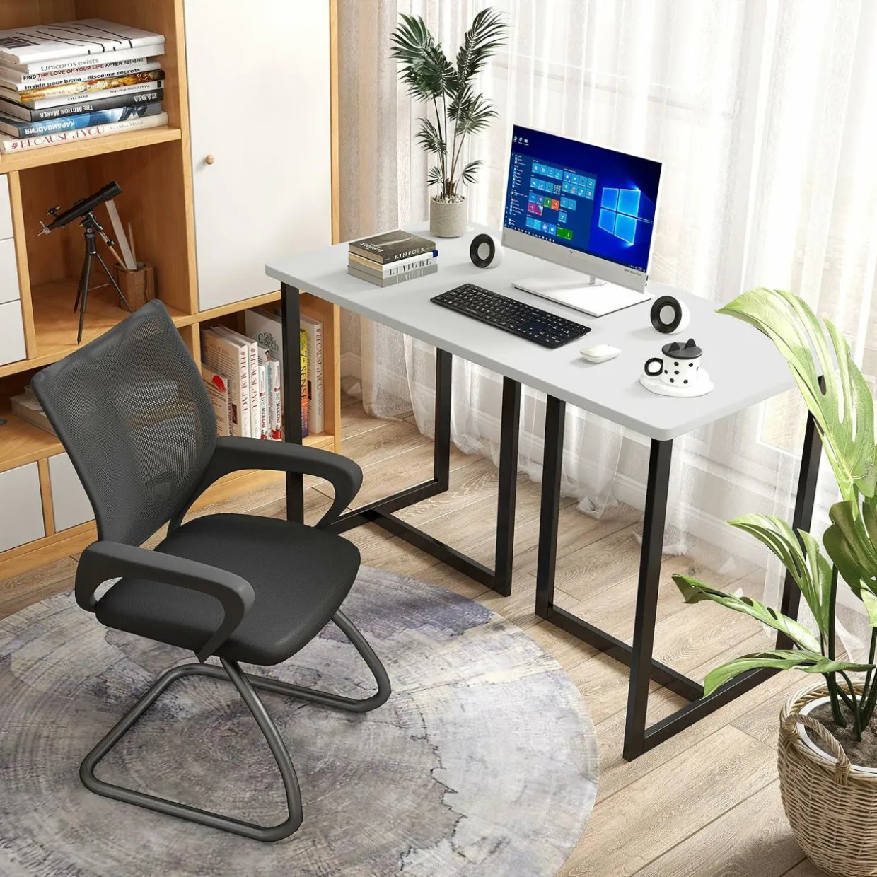 Tangkula 48 Inch Modern White Computer Desk, Writing Study Desk with Metal Frame & 2 Cable Management Holes, Black & White