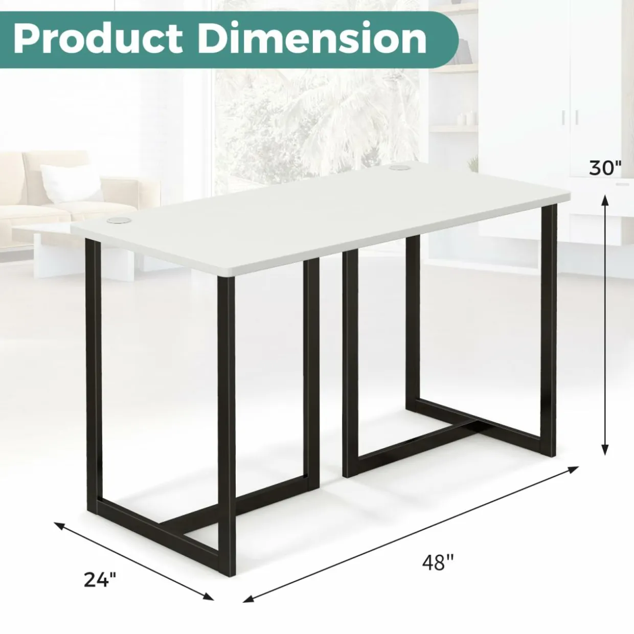 Tangkula 48 Inch Modern White Computer Desk, Writing Study Desk with Metal Frame & 2 Cable Management Holes, Black & White
