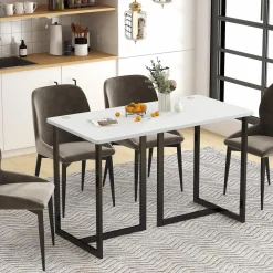 Tangkula 48 Inch Modern White Computer Desk, Writing Study Desk with Metal Frame & 2 Cable Management Holes, Black & White