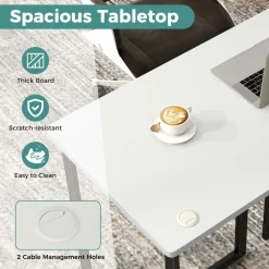 Tangkula 48 Inch Modern White Computer Desk, Writing Study Desk with Metal Frame & 2 Cable Management Holes, Black & White
