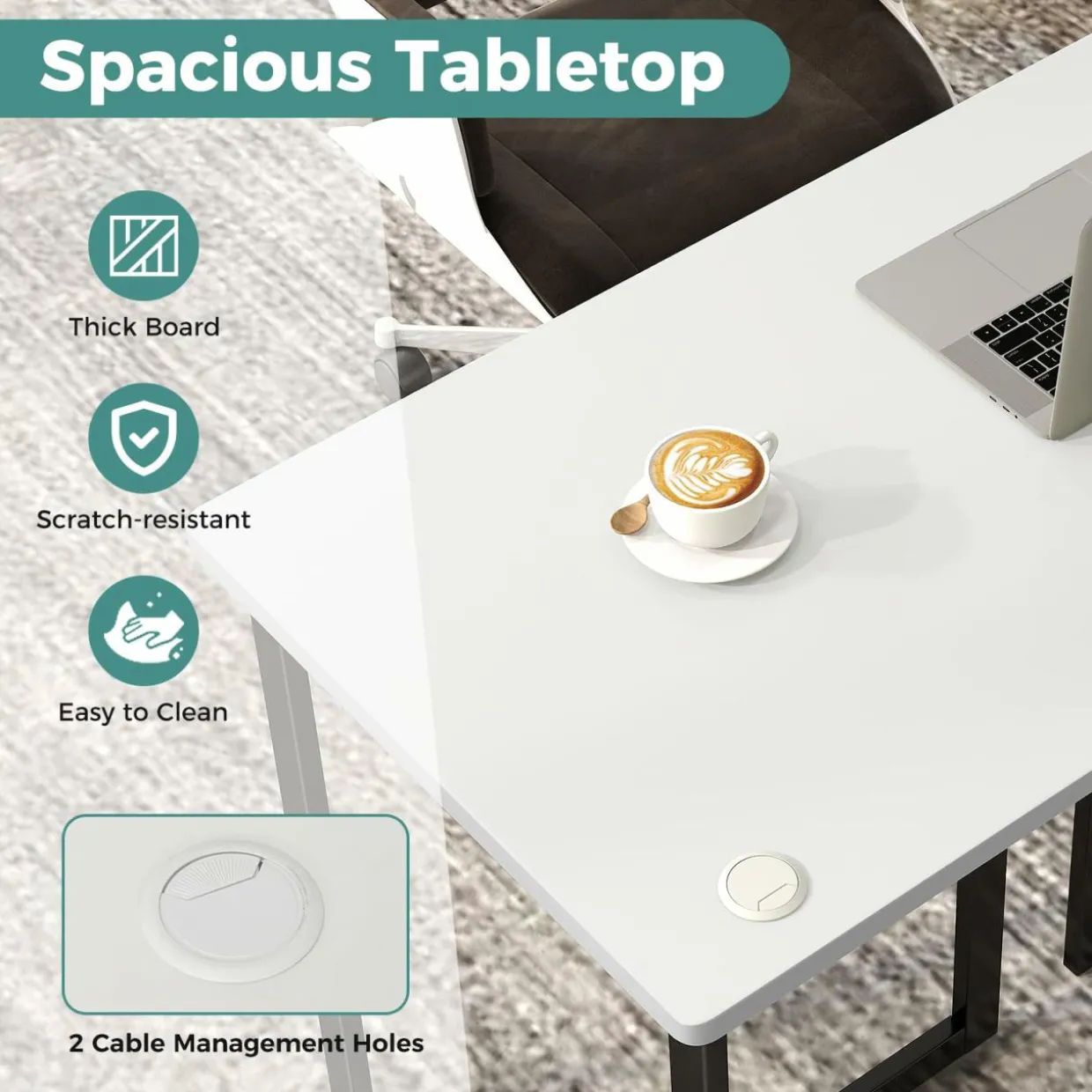 Tangkula 48 Inch Modern White Computer Desk, Writing Study Desk with Metal Frame & 2 Cable Management Holes, Black & White
