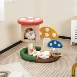 Tangkula 23.5 Inch Mushroom Cat Tree, Cute Cat Tower with Full-Wrapped Sisal Post, Scratching Board & Spring Ball