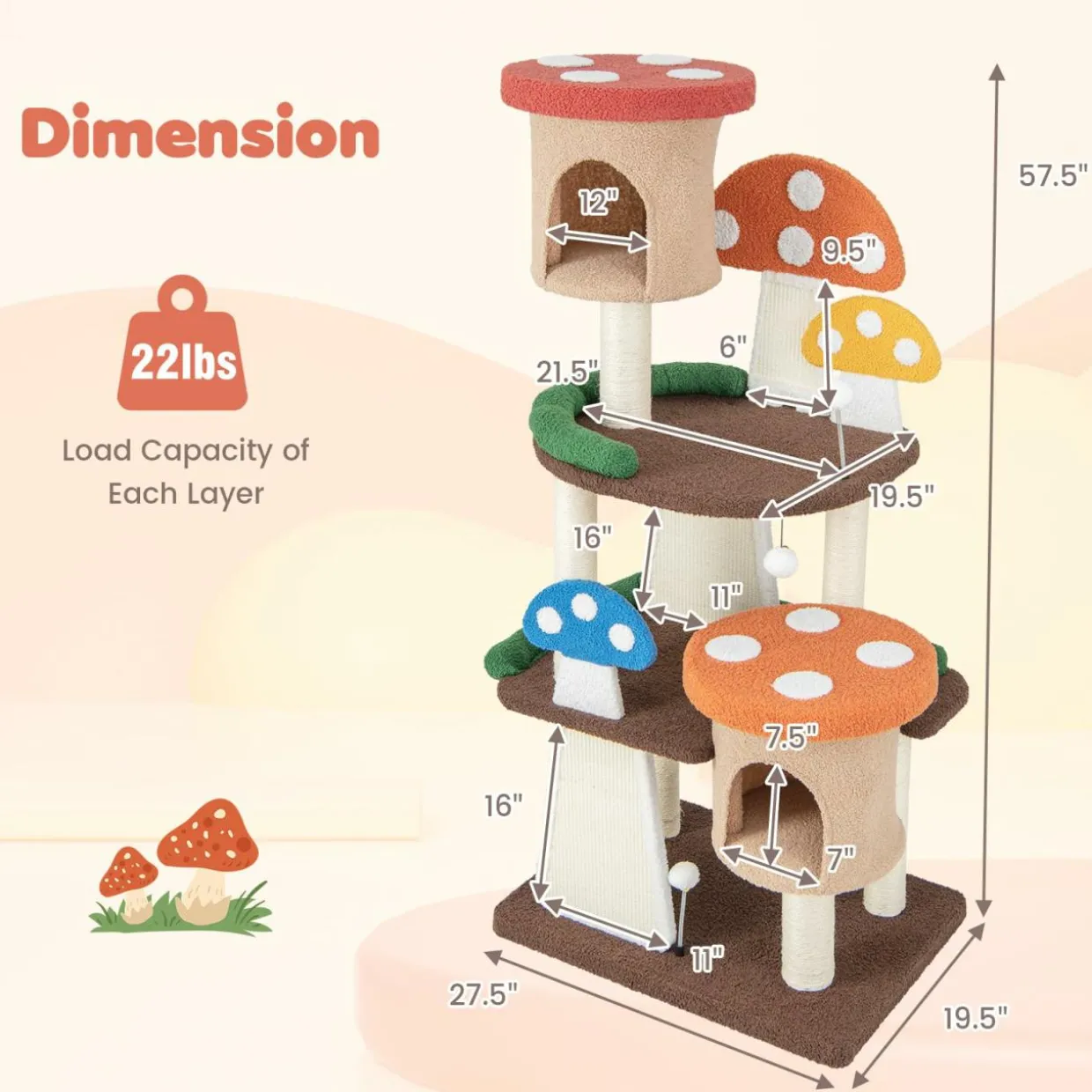 Tangkula 57.5 Inch Mushroom Cat Tree, Multi-Level Cute Cat Tower, Flower Cat Tree Tower for Indoor Cats Large