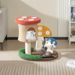 Tangkula 23.5 Inch Mushroom Cat Tree, Cute Cat Tower with Full-Wrapped Sisal Post, Scratching Board & Spring Ball