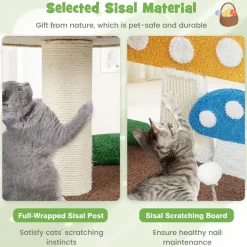 Tangkula 23.5 Inch Mushroom Cat Tree, Cute Cat Tower with Full-Wrapped Sisal Post, Scratching Board & Spring Ball