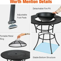 Tangkula 32 Inch Outdoor Fire Pit Dining Table, 4-in-1 Round Wood Burning Fire Pit Bowl
