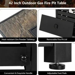 Tangkula 42 Inch Outdoor Gas Fire Pit Table, Patiojoy 50,000 BTU Rectangular Propane Fire Pit
