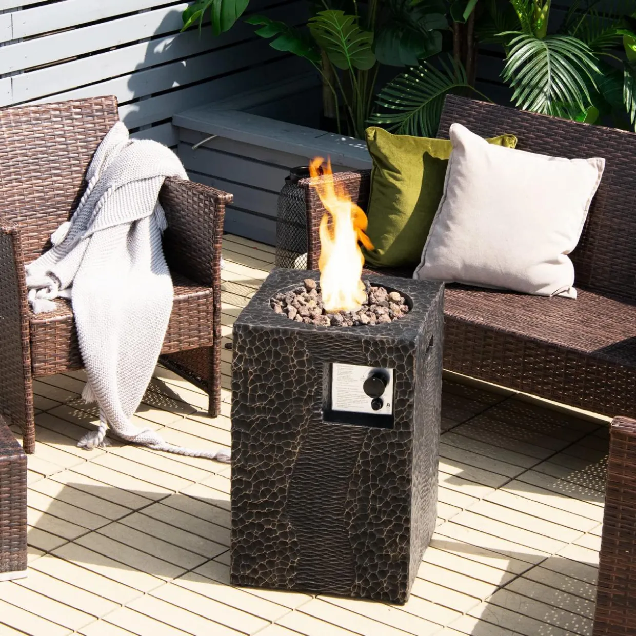 Tangkula 16 Inch Patio Propane Fire Pit, Patiojoy Electronic Ignition Square Gas Fire Pit with Protective Cover