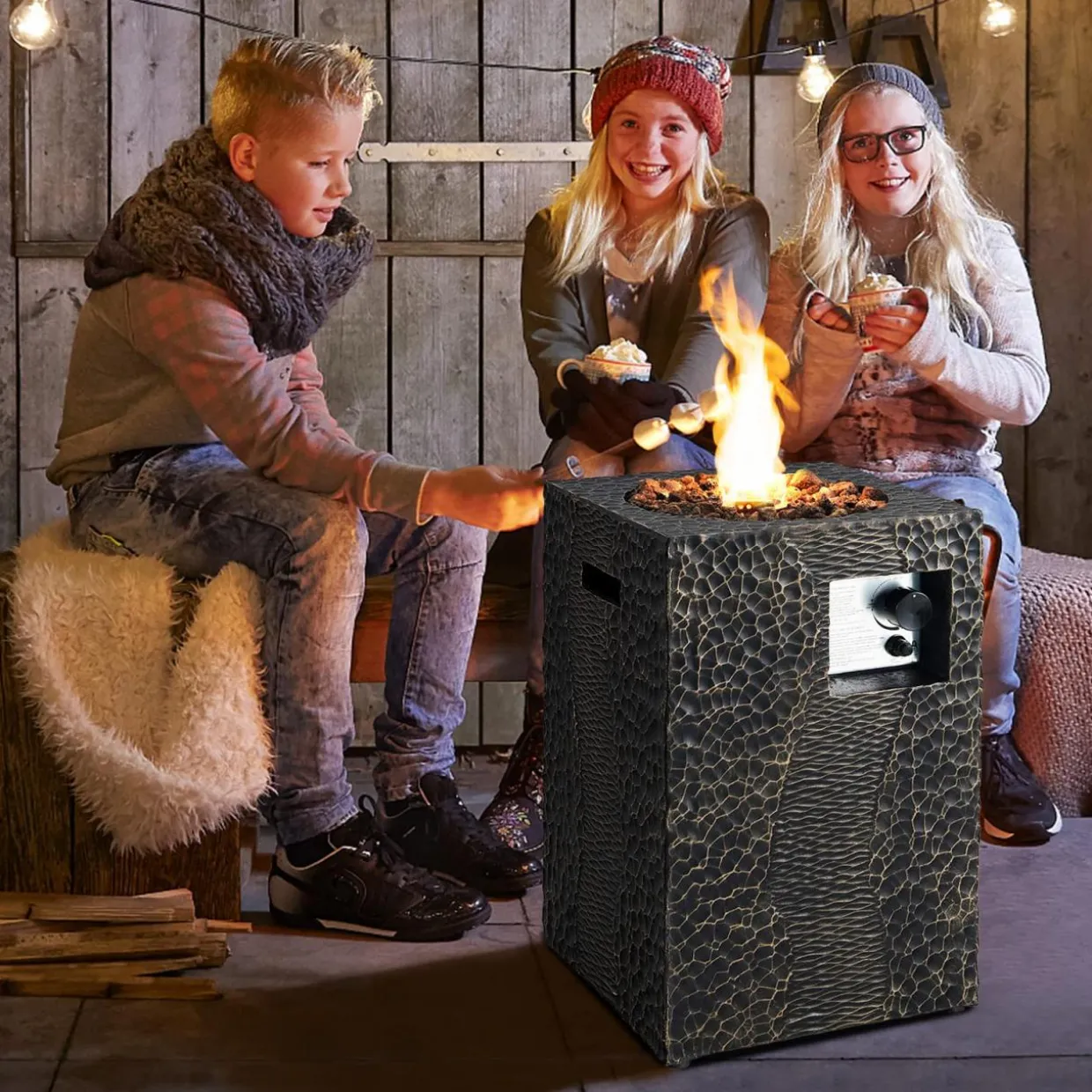 Tangkula 16 Inch Patio Propane Fire Pit, Patiojoy Electronic Ignition Square Gas Fire Pit with Protective Cover