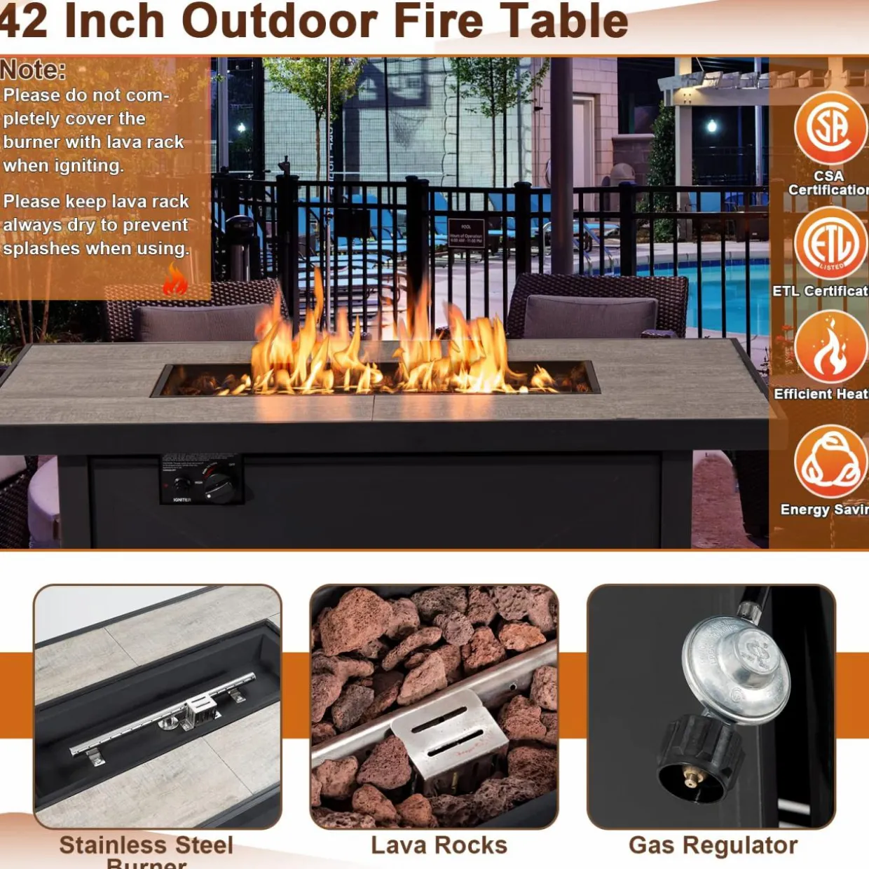 Tangkula 42 Inch Propane Fire Pit Table, Patiojoy 60,000 BTU Outdoor Rectangle Gas Fire Table with Ceramic Tabletop