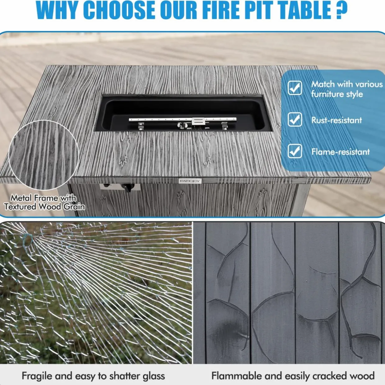 Tangkula 43 Inch Propane Fire Pit Table, Patiojoy 50,000 BTU Outdoor Propane Gas Fire Table
