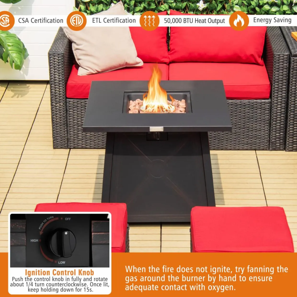 Tangkula 30 Inch Propane Gas Fire Table, Patiojoy 50,000 BTU Outdoor Square Fire Pit Table with Stainless Steel Burner