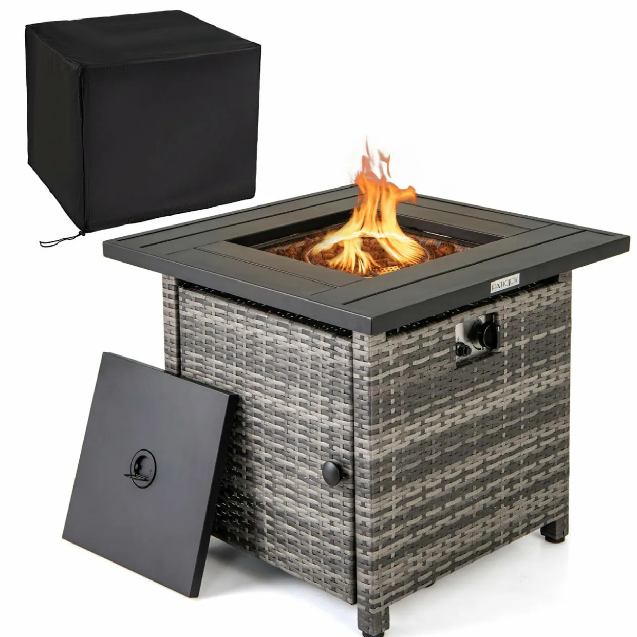 Tangkula 29 Inch Rattan Propane Fire pit Table, Patiojoy 50,000 BTU Outdoor Square Fire Pit with Lava Rocks & Protective Cover