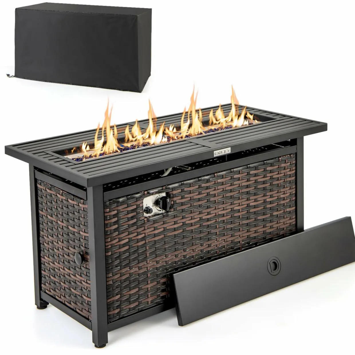 Tangkula 45 Inch Rattan Propane Fire Pit Table, Patiojoy 50,000 BTU Outdoor Rectangle Fire Pit with Glass Stones & Protective Cover