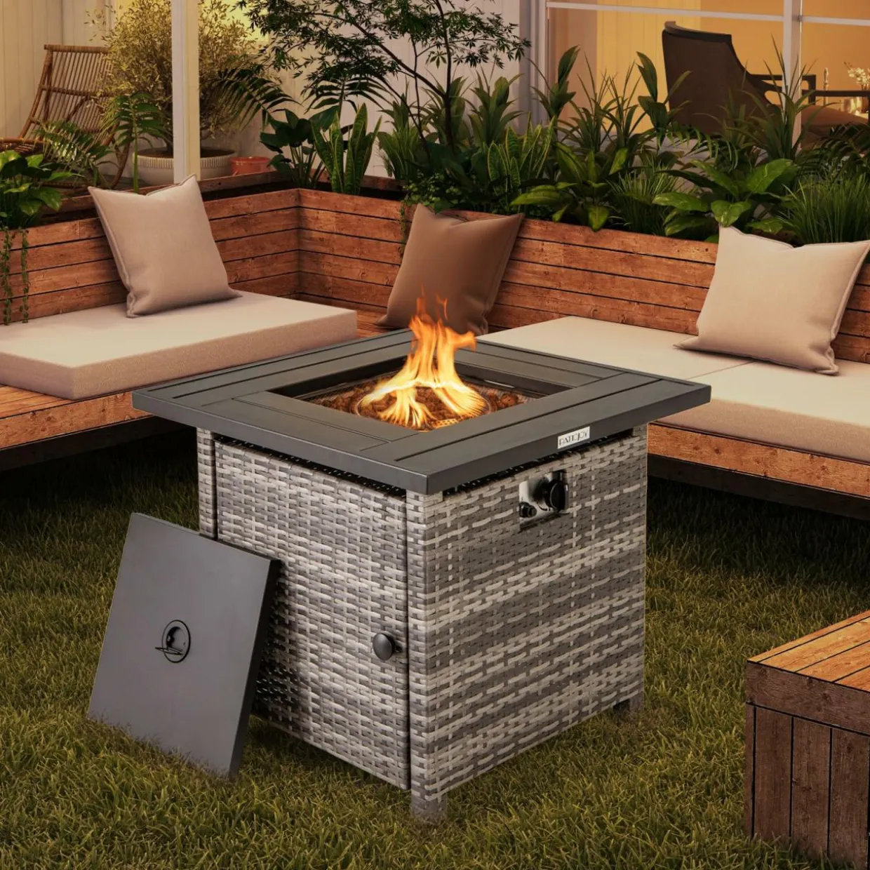 Tangkula 29 Inch Rattan Propane Fire pit Table, Patiojoy 50,000 BTU Outdoor Square Fire Pit with Lava Rocks & Protective Cover
