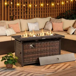 Tangkula 45 Inch Rattan Propane Fire Pit Table, Patiojoy 50,000 BTU Outdoor Rectangle Fire Pit with Glass Stones & Protective Cover