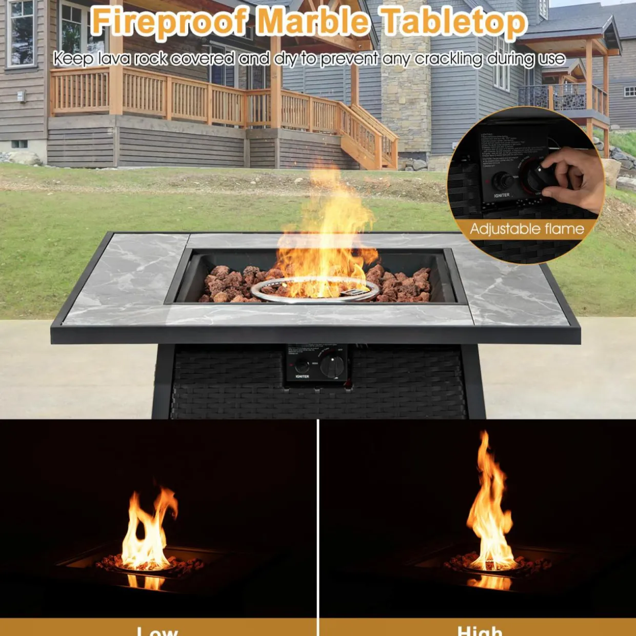 Tangkula 35 Inch Rattan Propane Gas Fire Pit Table, Patiojoy 50,000 BTU Outdoor Wicker Patio Propane Fire Pit