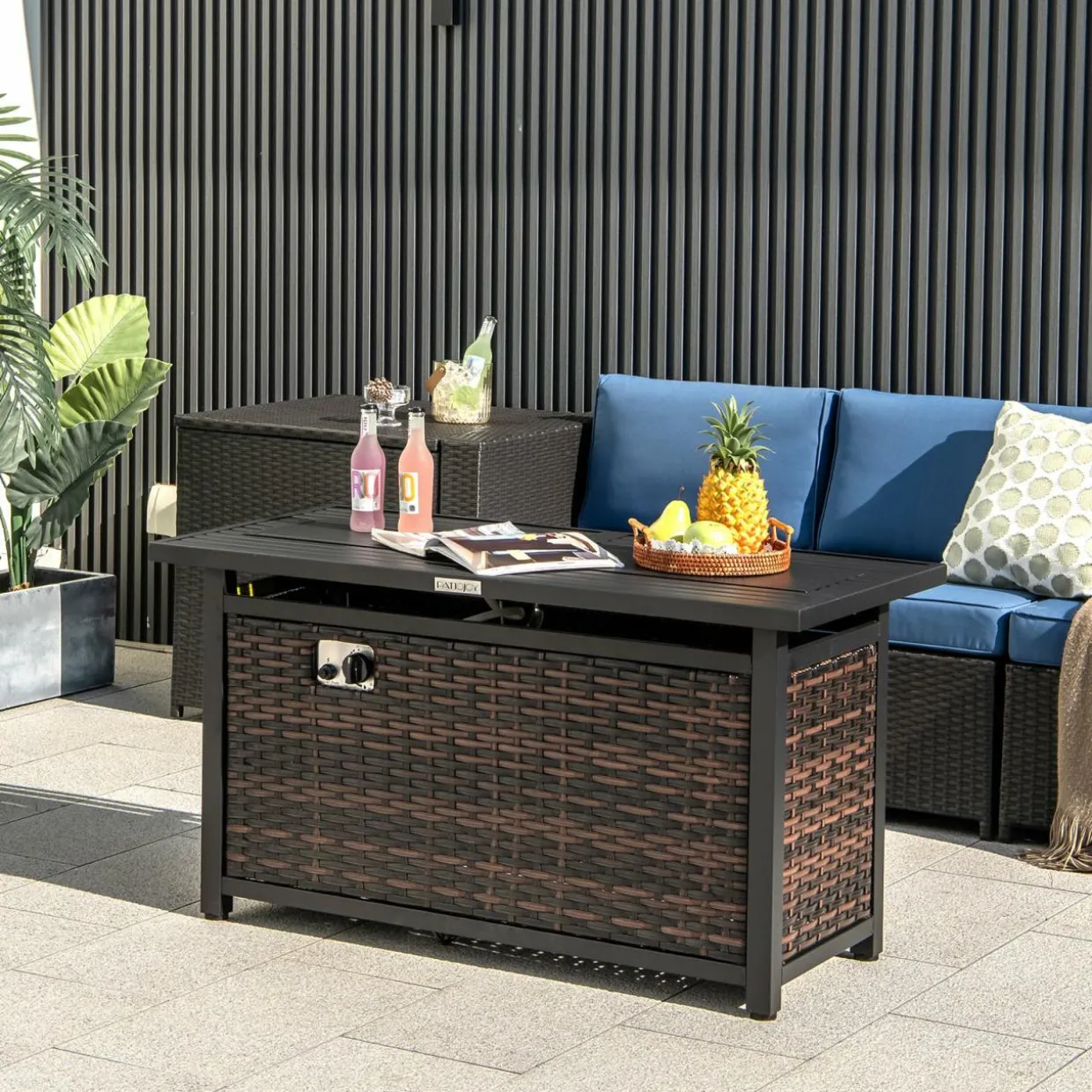 Tangkula 45 Inch Rattan Propane Fire Pit Table, Patiojoy 50,000 BTU Outdoor Rectangle Fire Pit with Glass Stones & Protective Cover