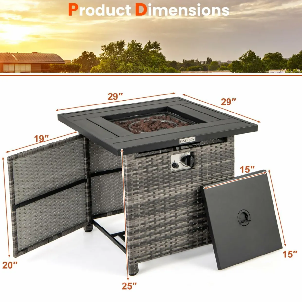 Tangkula 29 Inch Rattan Propane Fire pit Table, Patiojoy 50,000 BTU Outdoor Square Fire Pit with Lava Rocks & Protective Cover