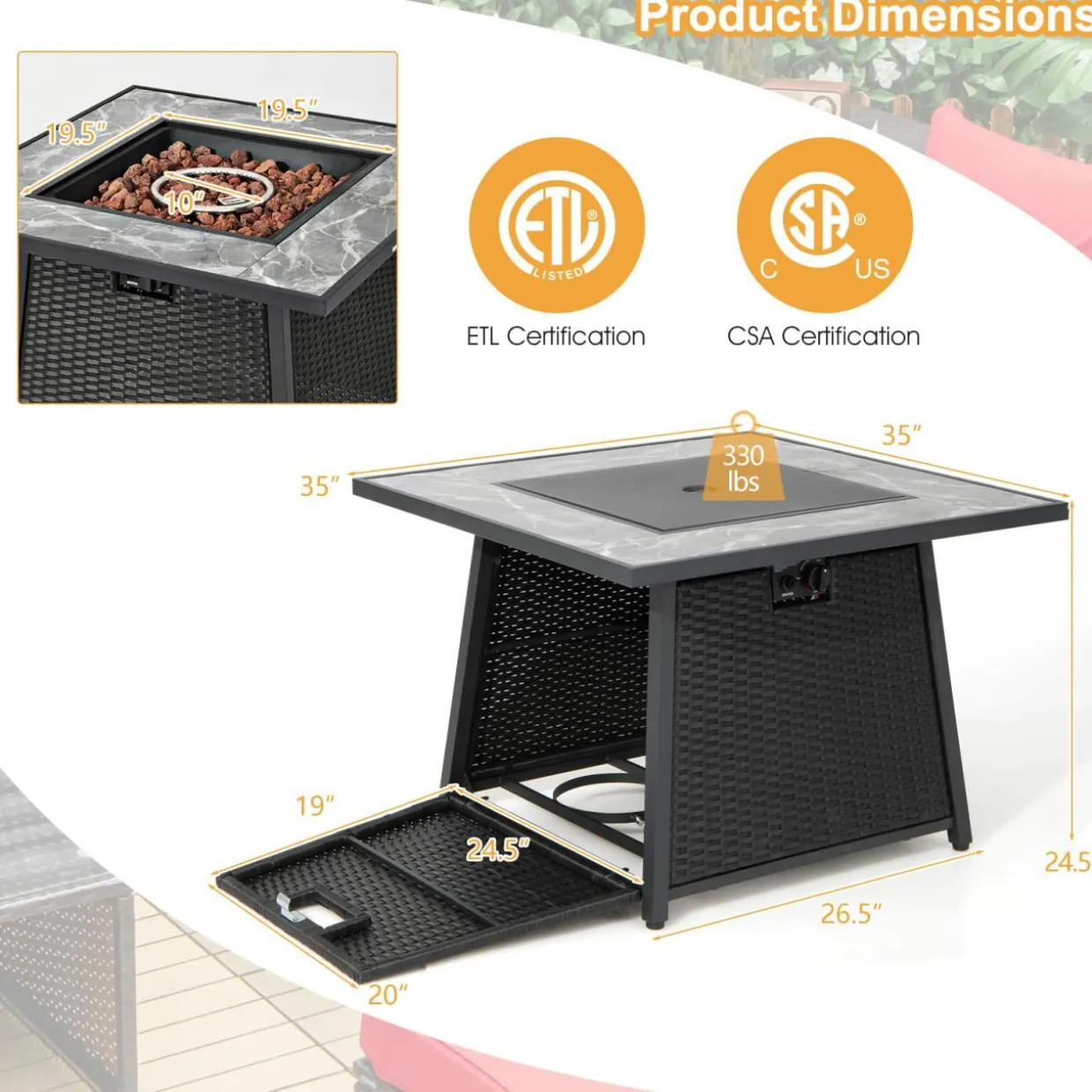 Tangkula 35 Inch Rattan Propane Gas Fire Pit Table, Patiojoy 50,000 BTU Outdoor Wicker Patio Propane Fire Pit