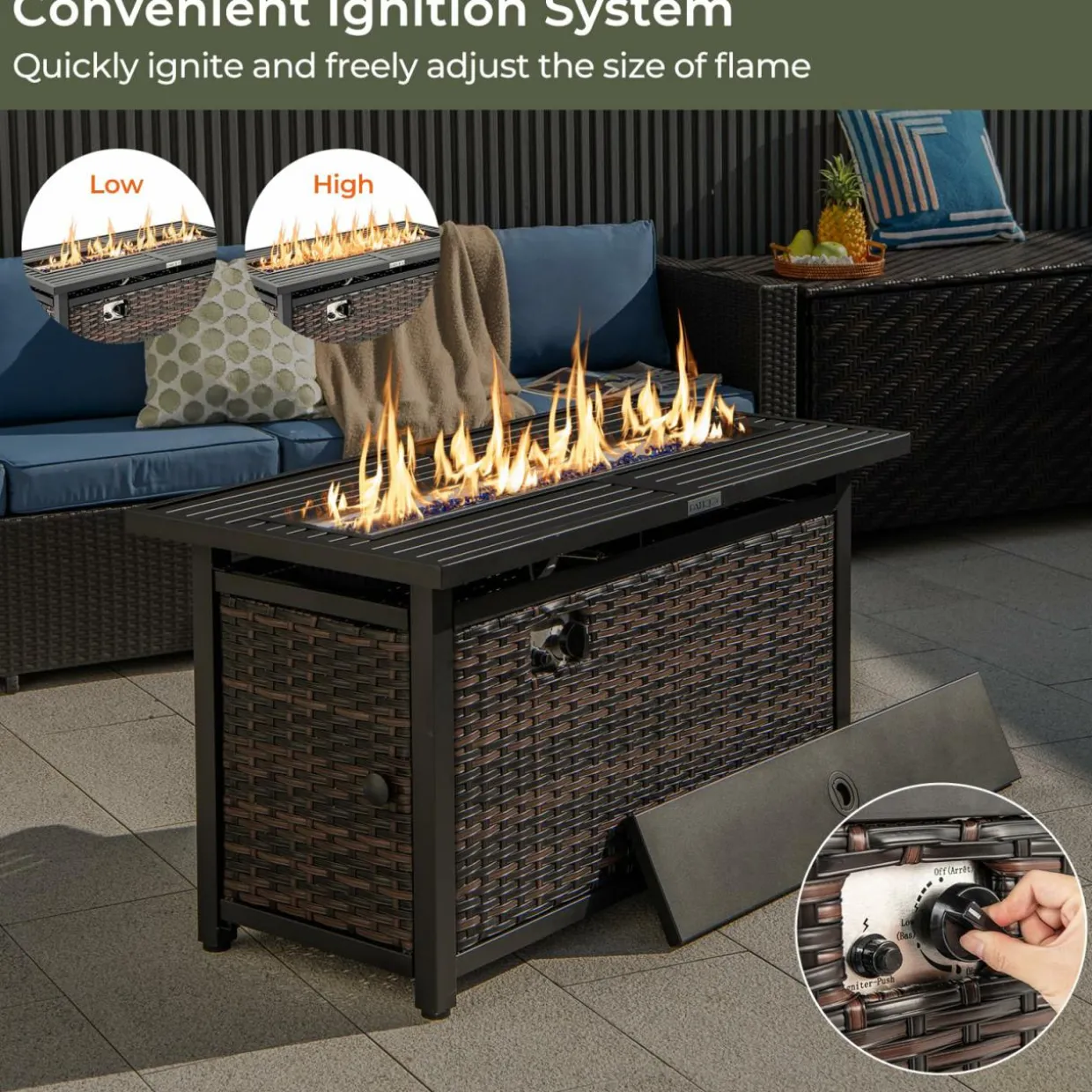 Tangkula 45 Inch Rattan Propane Fire Pit Table, Patiojoy 50,000 BTU Outdoor Rectangle Fire Pit with Glass Stones & Protective Cover