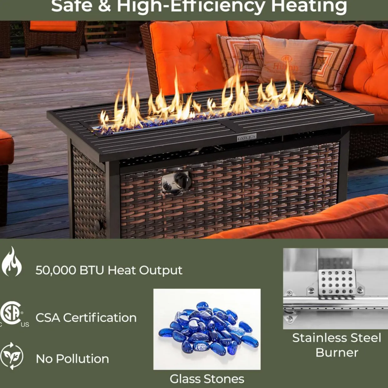 Tangkula 45 Inch Rattan Propane Fire Pit Table, Patiojoy 50,000 BTU Outdoor Rectangle Fire Pit with Glass Stones & Protective Cover