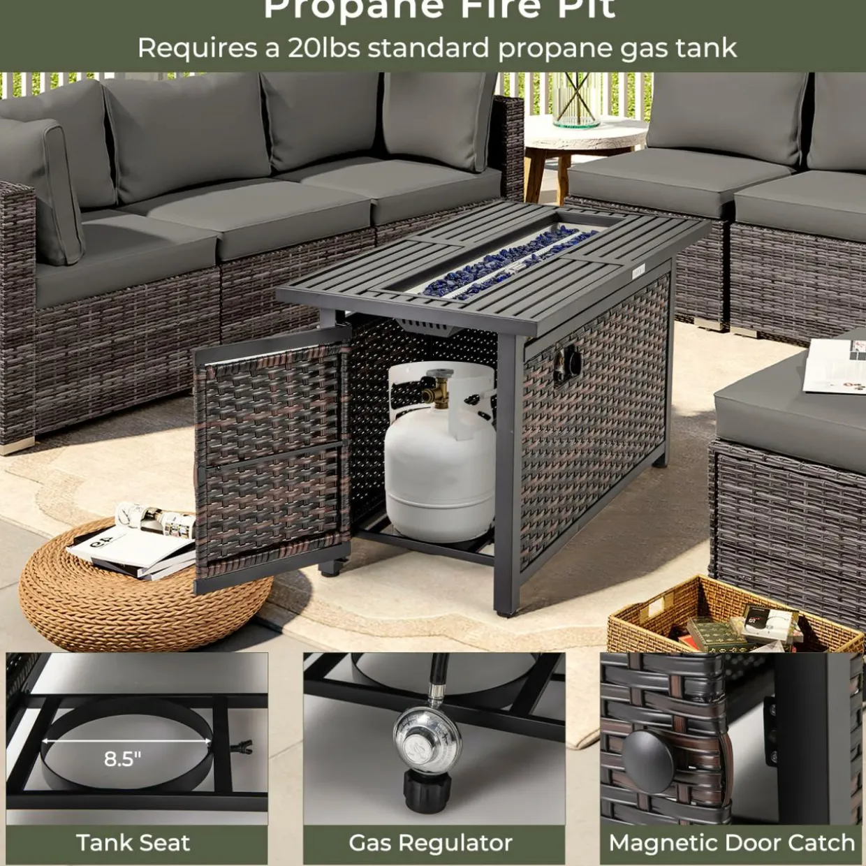 Tangkula 45 Inch Rattan Propane Fire Pit Table, Patiojoy 50,000 BTU Outdoor Rectangle Fire Pit with Glass Stones & Protective Cover