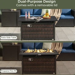 Tangkula 45 Inch Rattan Propane Fire Pit Table, Patiojoy 50,000 BTU Outdoor Rectangle Fire Pit with Glass Stones & Protective Cover