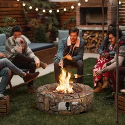 Tangkula 28 Inch Round Propane Gas Fire Pit, Patiojoy 40,000 BTU Stone Look Outdoor Propane Fire Pit with Lava Rocks & PVC Cover