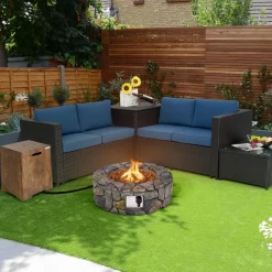 Tangkula 28 Inch Round Propane Gas Fire Pit, Patiojoy 40,000 BTU Stone Look Outdoor Propane Fire Pit with Lava Rocks & PVC Cover