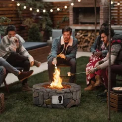Tangkula 28 Inch Round Propane Gas Fire Pit, Patiojoy 40,000 BTU Stone Look Outdoor Propane Fire Pit with Lava Rocks & PVC Cover