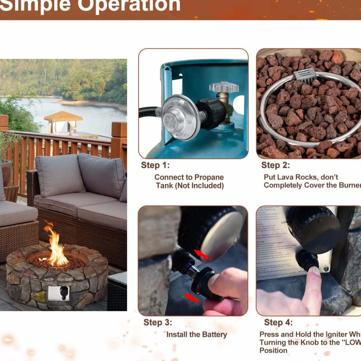 Tangkula 28 Inch Round Propane Gas Fire Pit, Patiojoy 40,000 BTU Stone Look Outdoor Propane Fire Pit with Lava Rocks & PVC Cover
