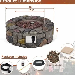 Tangkula 28 Inch Round Propane Gas Fire Pit, Patiojoy 40,000 BTU Stone Look Outdoor Propane Fire Pit with Lava Rocks & PVC Cover