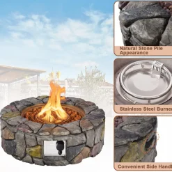 Tangkula 28 Inch Round Propane Gas Fire Pit, Patiojoy 40,000 BTU Stone Look Outdoor Propane Fire Pit with Lava Rocks & PVC Cover