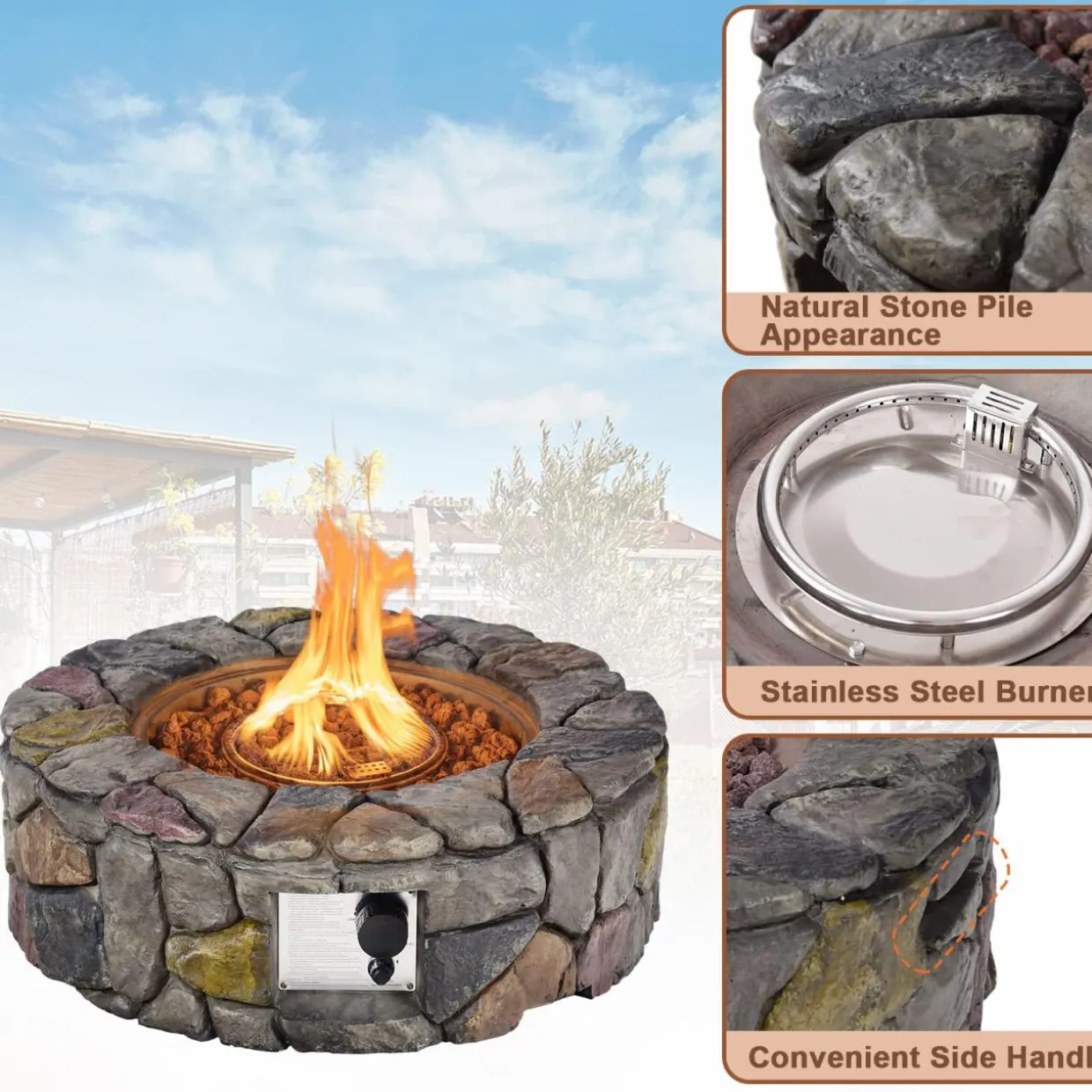 Tangkula 28 Inch Round Propane Gas Fire Pit, Patiojoy 40,000 BTU Stone Look Outdoor Propane Fire Pit with Lava Rocks & PVC Cover
