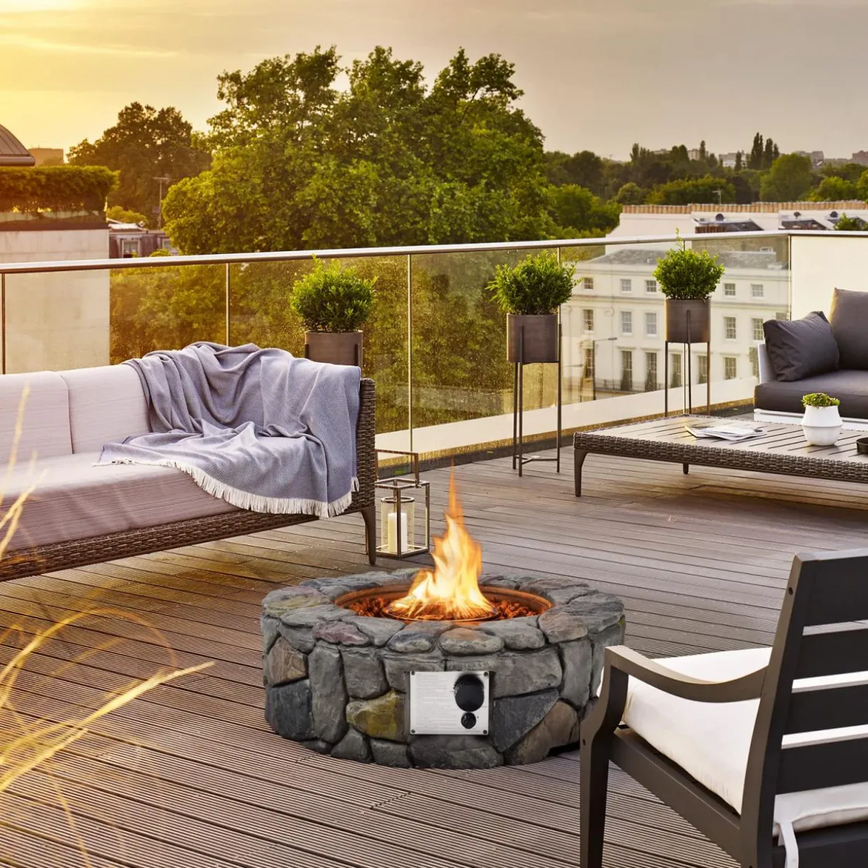 Tangkula 28 Inch Round Propane Gas Fire Pit, Patiojoy 40,000 BTU Stone Look Outdoor Propane Fire Pit with Lava Rocks & PVC Cover