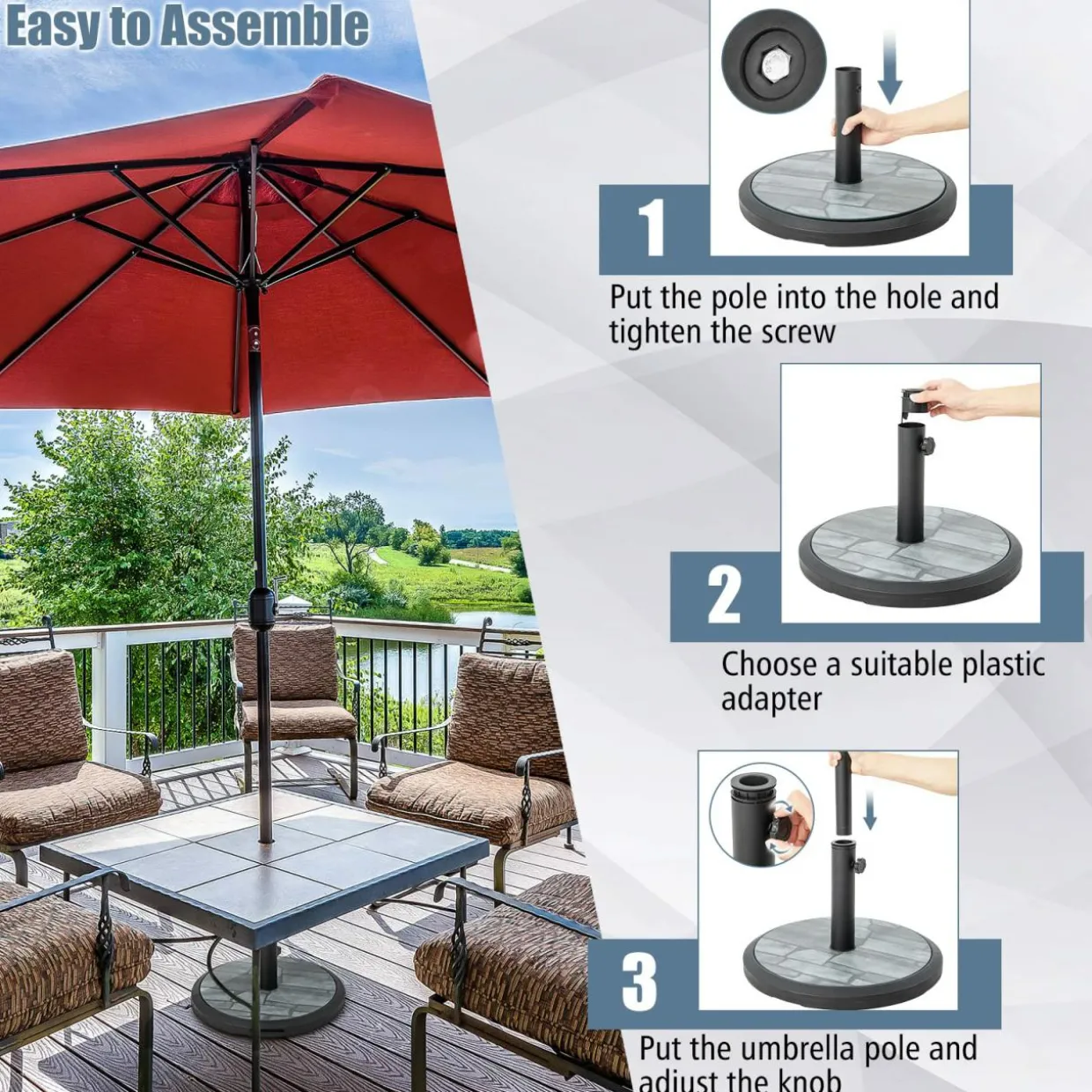 Tangkula 19 Inch Round Umbrella Base, 35 lbs Heavy Duty Outdoor Patio Umbrella Stand with HDPE Base & Metal Pole & 3 Adapters