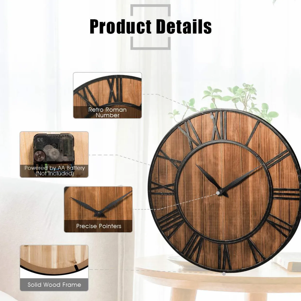 Tangkula 30 Inch Round Wall Clock, Farmhouse Large Wall Clock with Roman Numerals