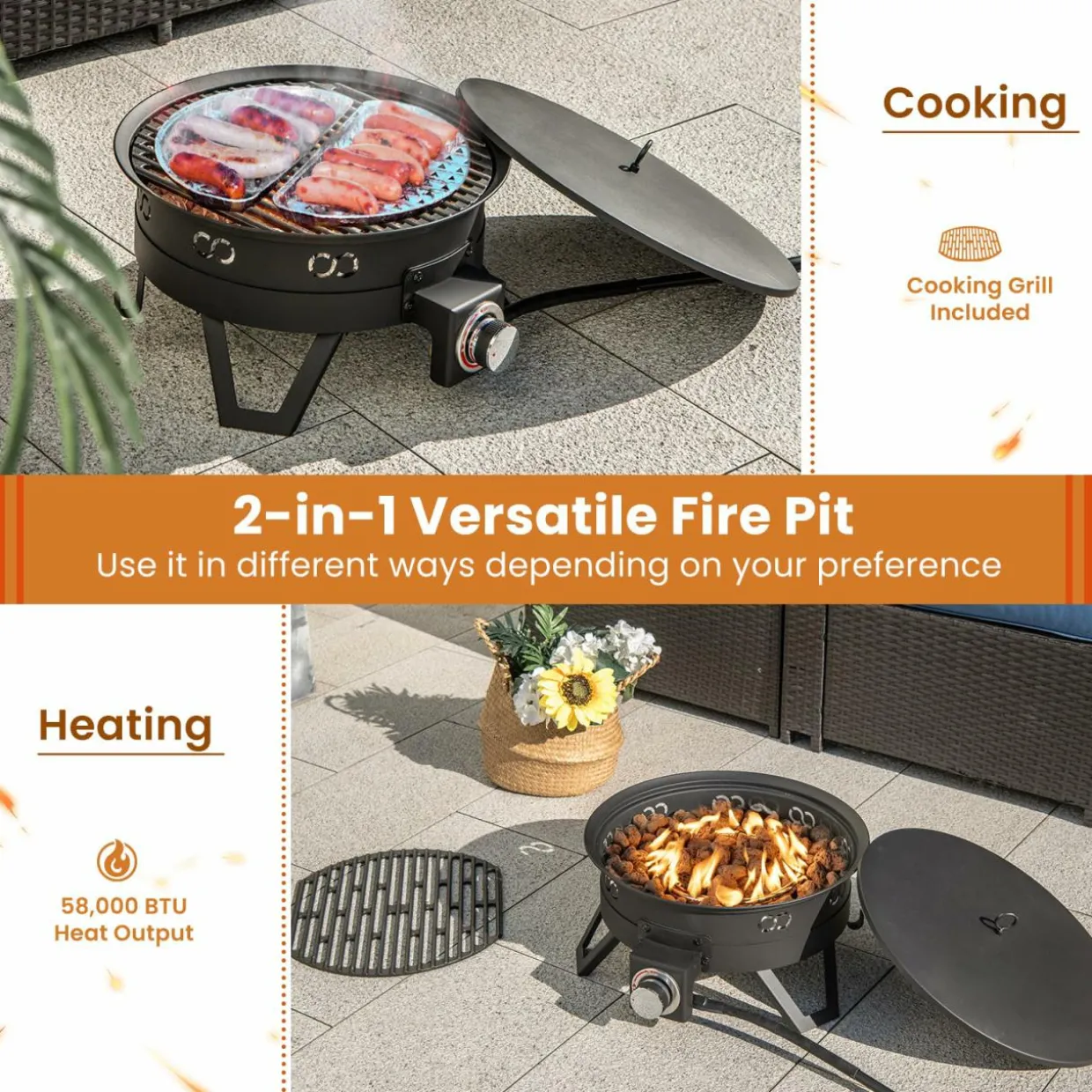 Tangkula 17 Inch Tabletop Propane Fire Pit, 58,000 BTU Gas Firepit with Folding Legs & Removable Grill