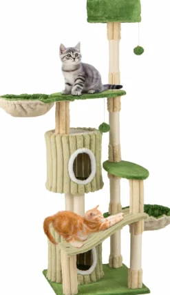 Tangkula 63 Inch Tall Cat Tree, Cute Green Cat Tower with 2 Condos, Plush Top Perch, 2 Basket Beds