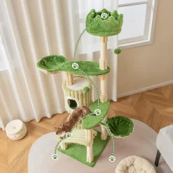 Tangkula 63 Inch Tall Cat Tree, Cute Green Cat Tower with 2 Condos, Plush Top Perch, 2 Basket Beds