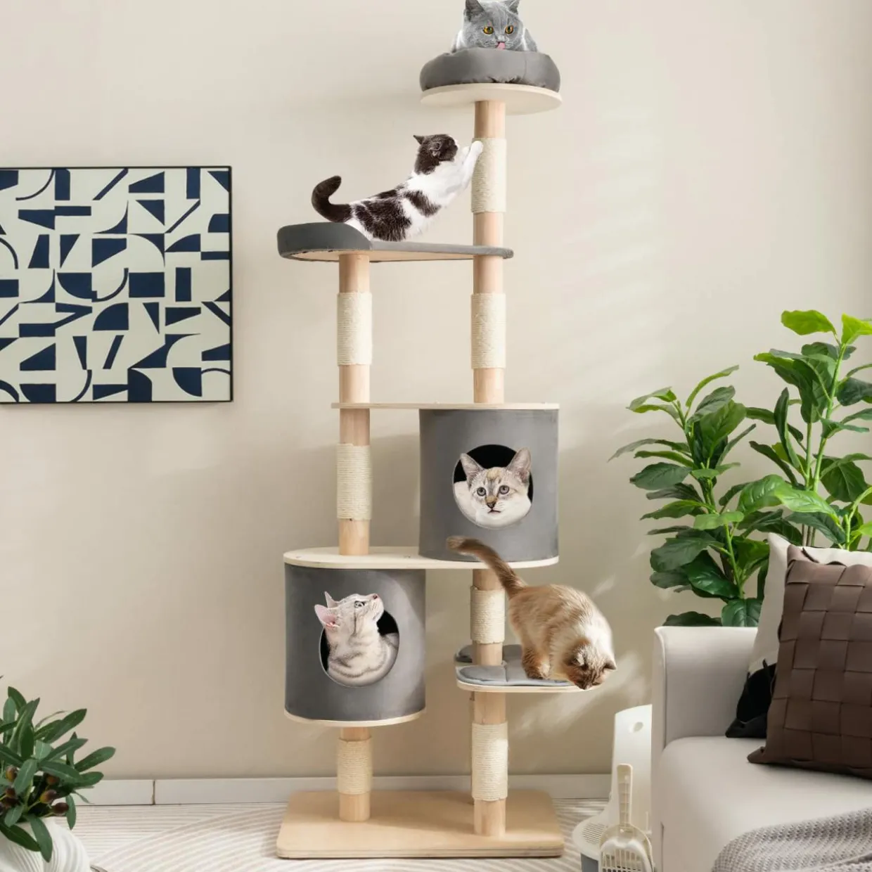 Tangkula 75 Inch Tall Cat Tree for Indoor Cats, Natural Solid Rubber Wood Cat Tower with Sisal Scratching Posts