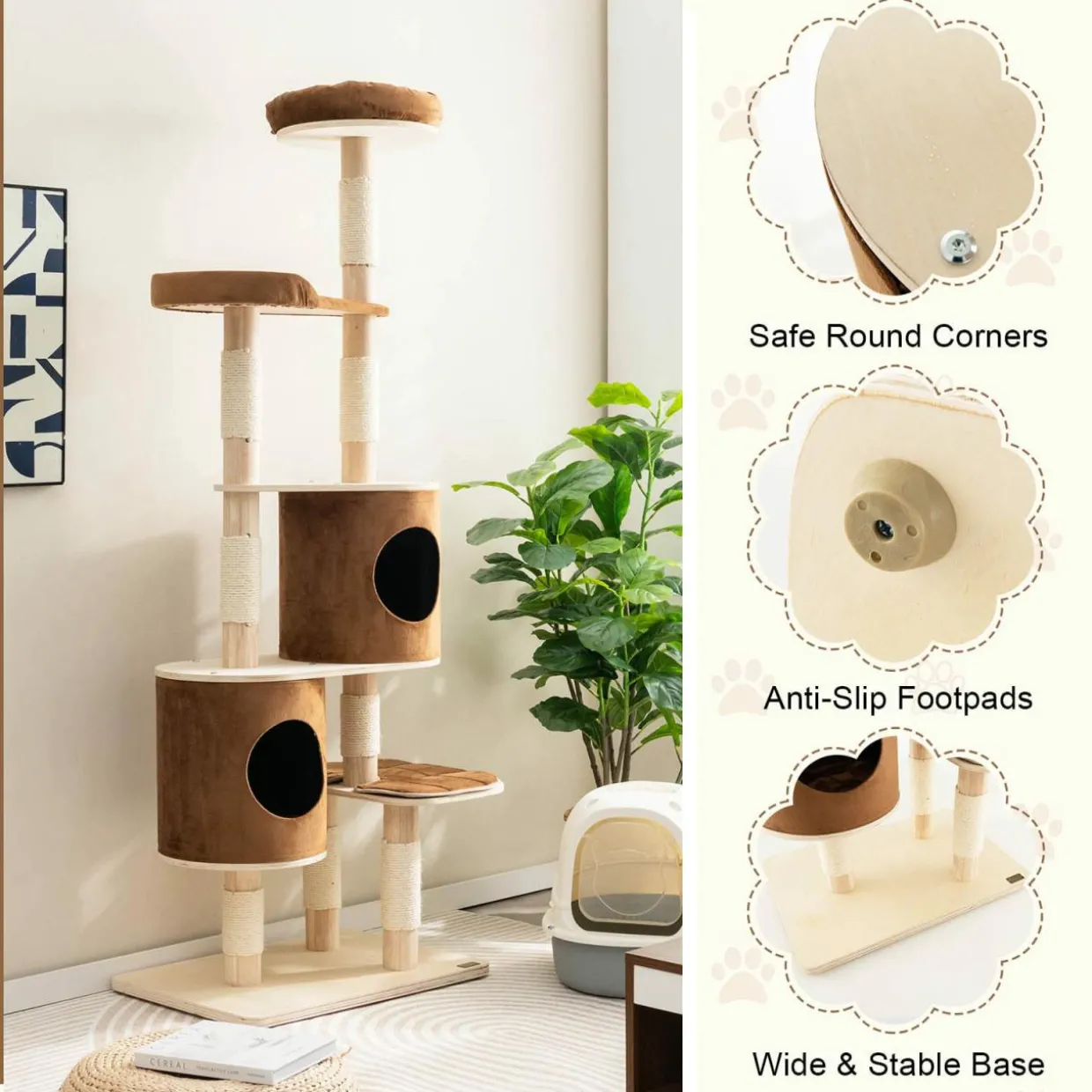 Tangkula 75 Inch Tall Cat Tree for Indoor Cats, Natural Solid Rubber Wood Cat Tower with Sisal Scratching Posts
