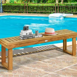 Tangkula 52 Inches Acacia Wood Patio Bench, Wood Dining Bench with Slatted Seat, Patio Backless Bench for Garden Backyard Poolside Balcony