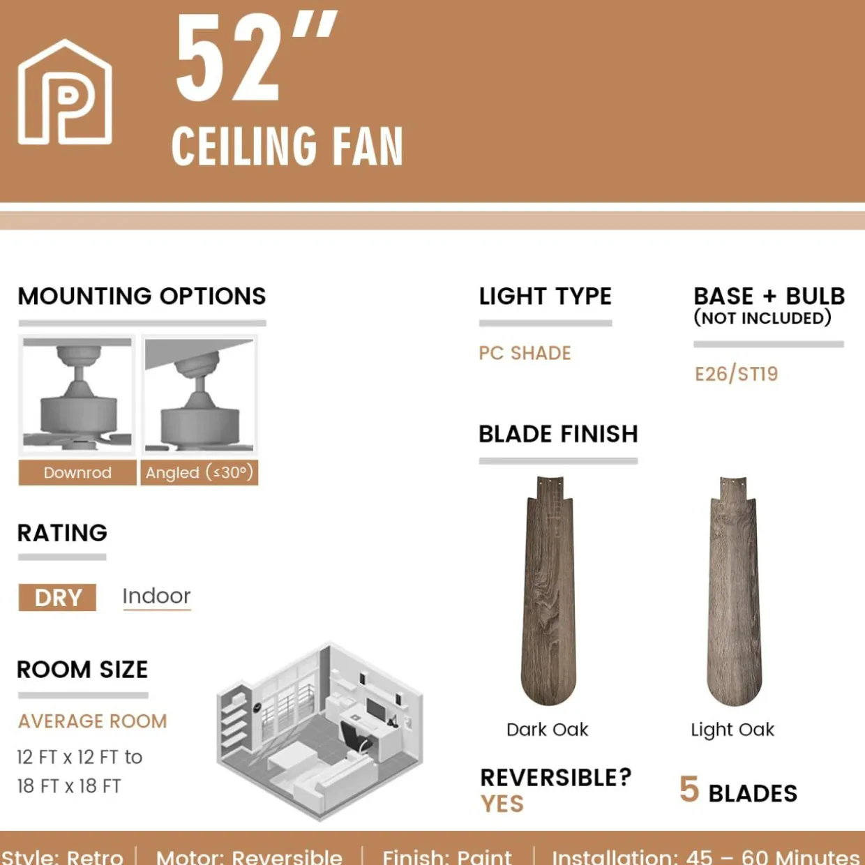 Tangkula 52 Inches Ceiling Fan with Remote Control, Indoor Ceiling Fan with 2 Downrods