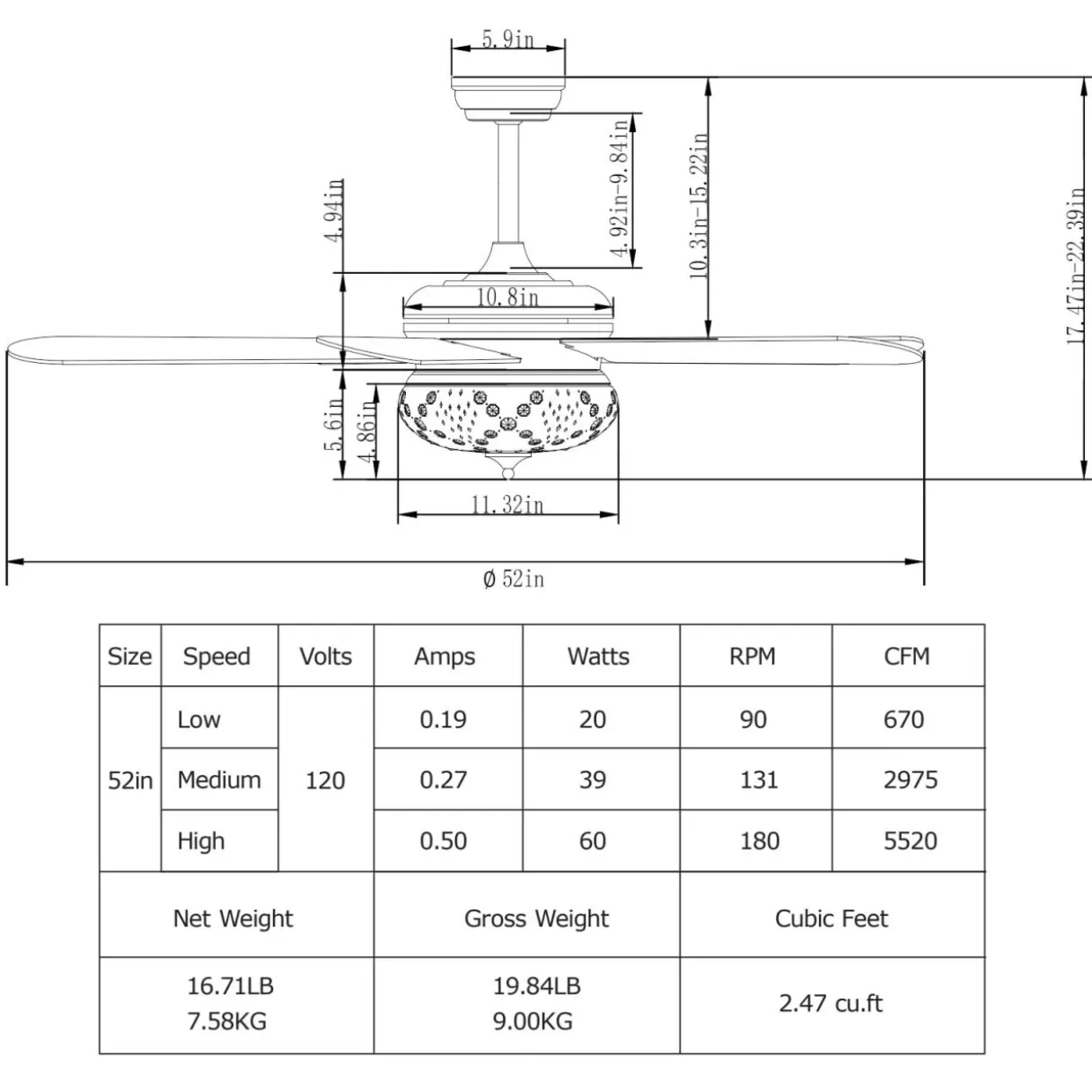 Tangkula 52 Inches Ceiling Fan with Remote Control, Indoor Ceiling Fan with 2 Downrods