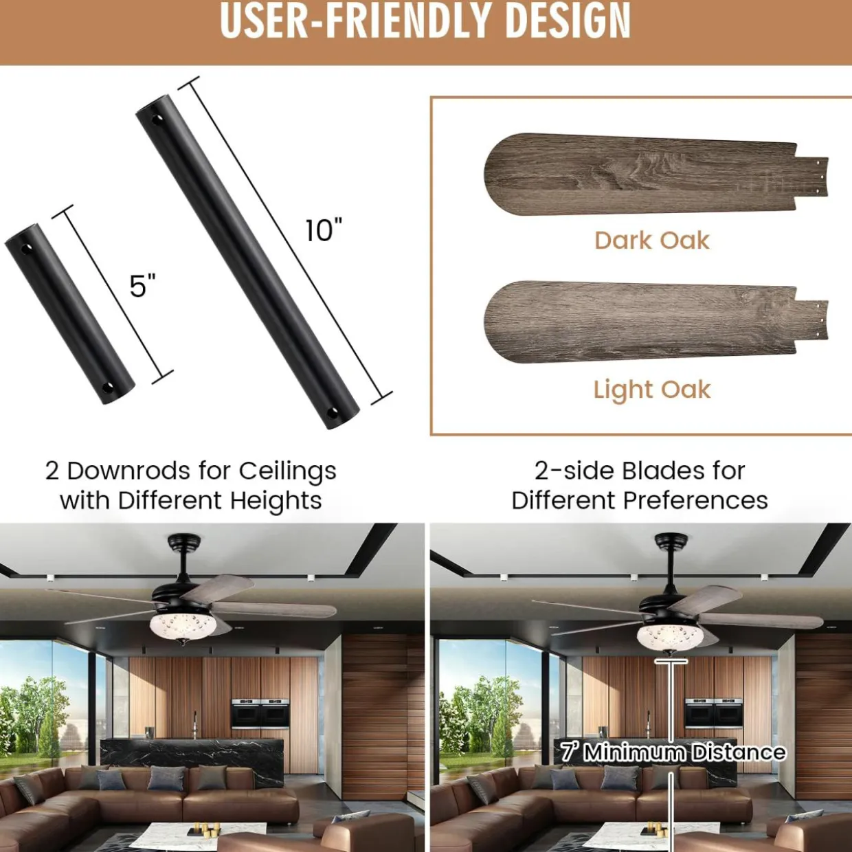 Tangkula 52 Inches Ceiling Fan with Remote Control, Indoor Ceiling Fan with 2 Downrods