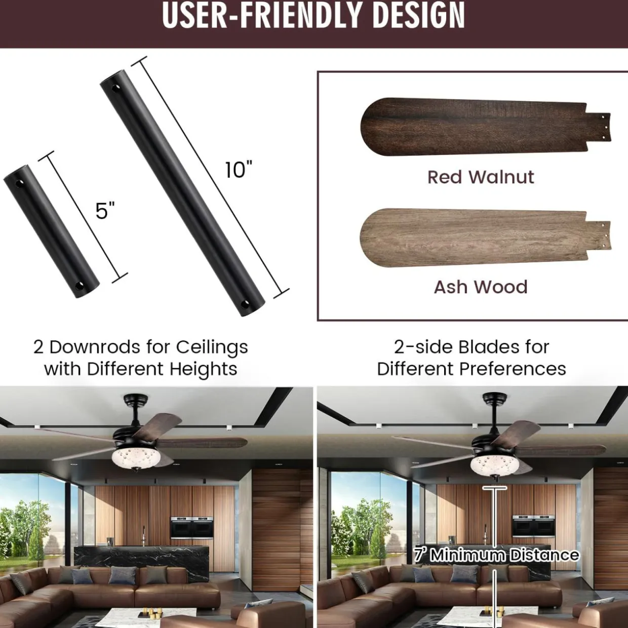 Tangkula 52 Inches Ceiling Fan with Remote Control, Indoor Ceiling Fan with 2 Downrods
